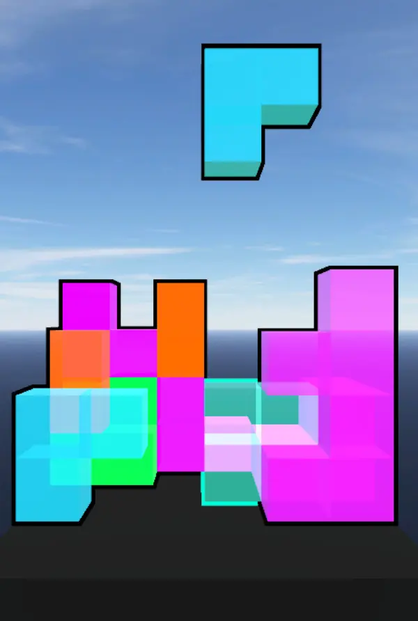 A tall arrangement of colorful 3D Tetris blocks.