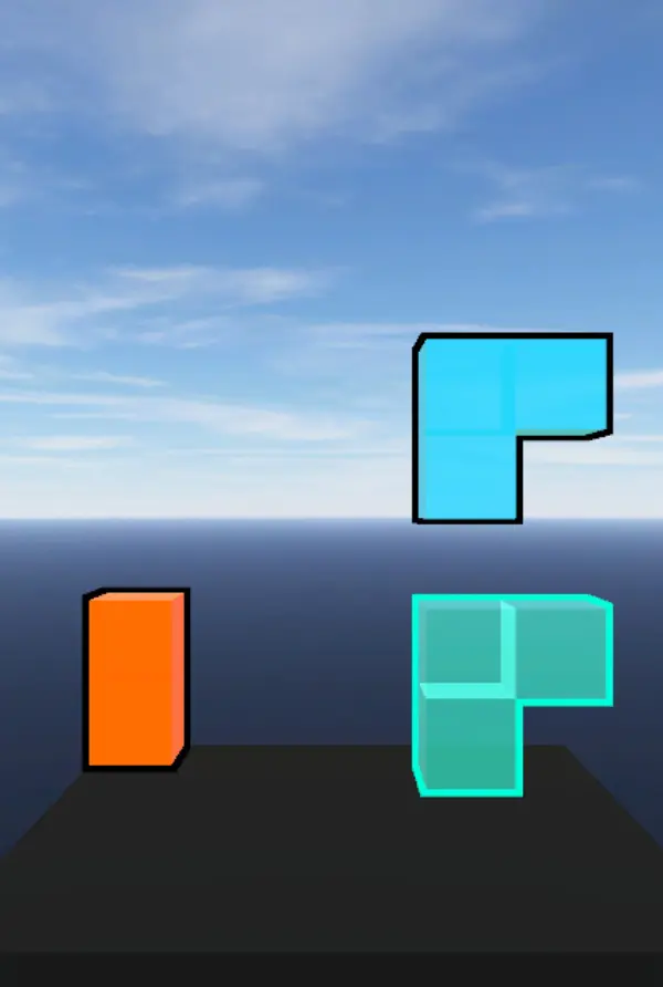 Three colorful 3D Tetris pieces above a dark platform.