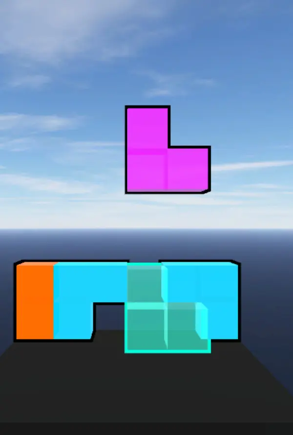 A stack of colorful 3D Tetris pieces beneath a falling block.