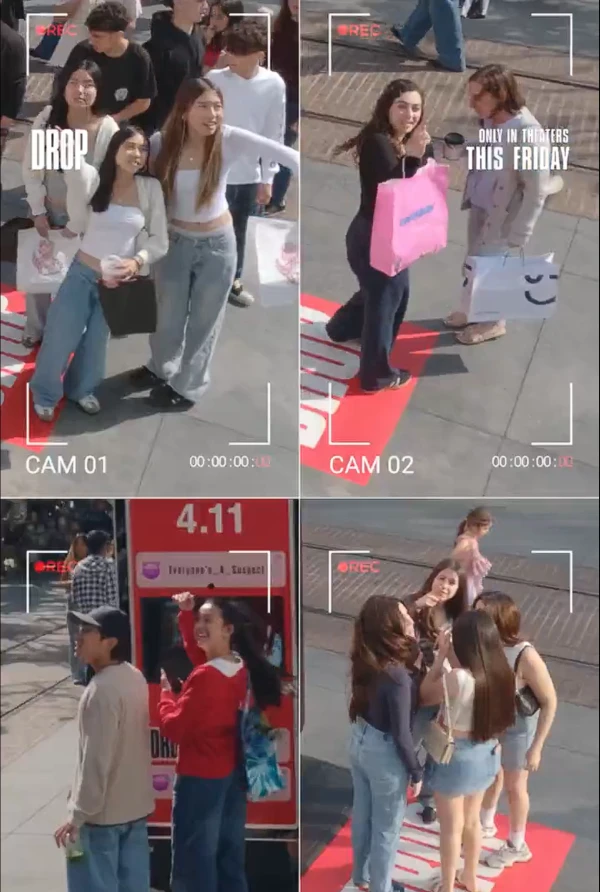 A four-panel promotional video collage showing visitors interacting with Drop.