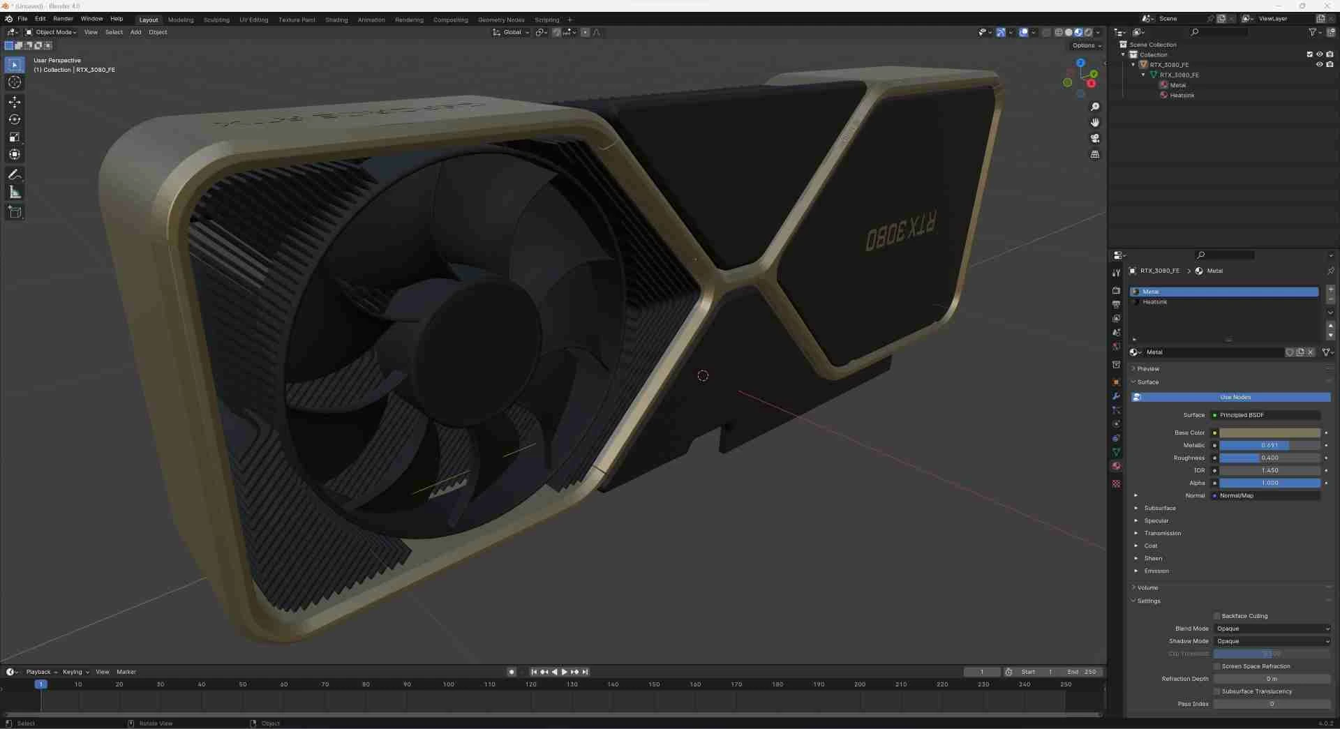 RTX 3080 GPU model showing PCB details, cooler design, and fan assembly