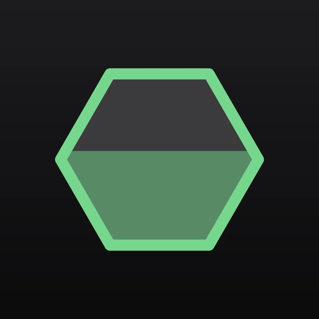 Hive's app icon, a green hexagon half filled with green on a dark background