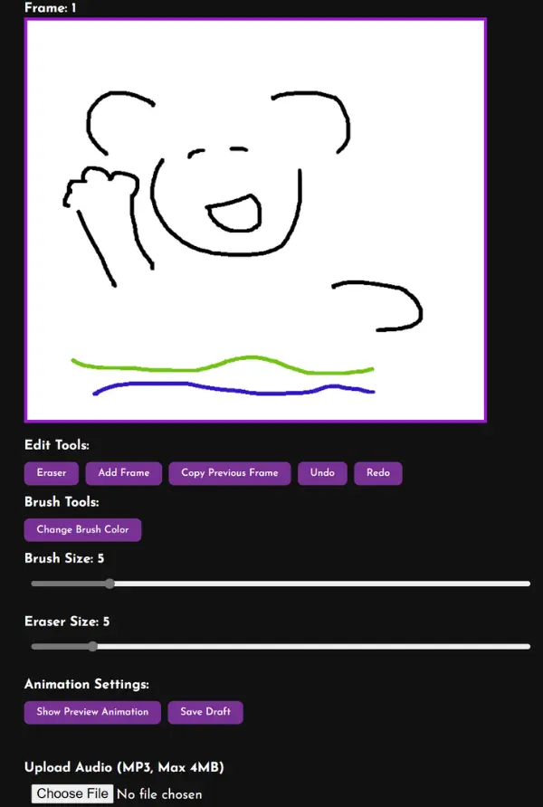 The OpenNote animation editor with a drawing canvas and brush controls.