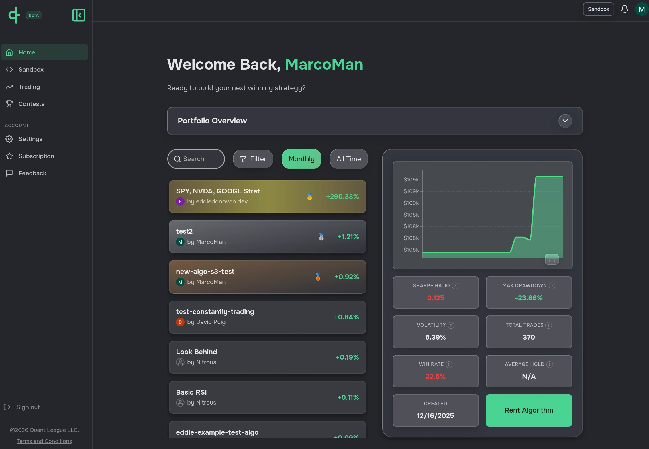 QuantLeague dashboard showing strategy rankings, a portfolio performance chart, and trading metrics.