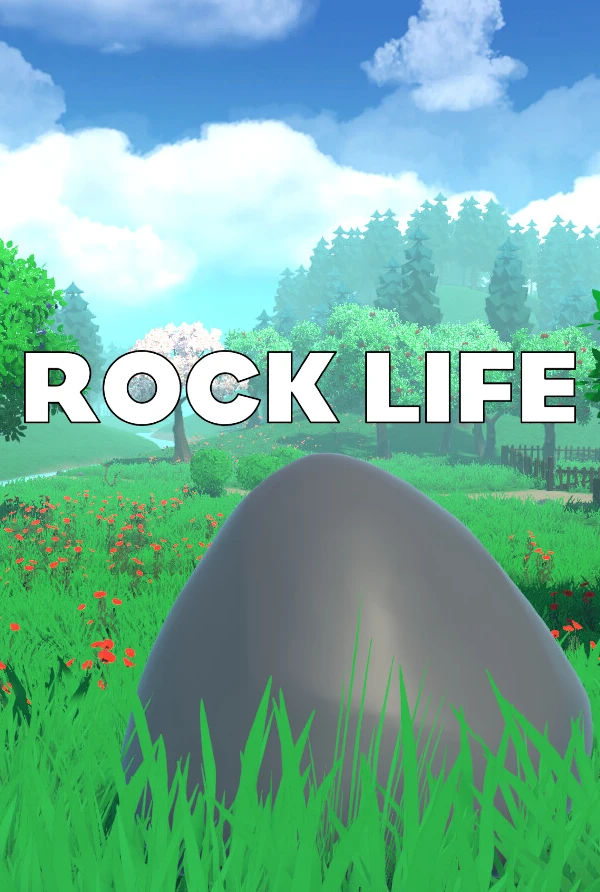 Rock Life title art showing a gray rock in a flower-filled meadow.