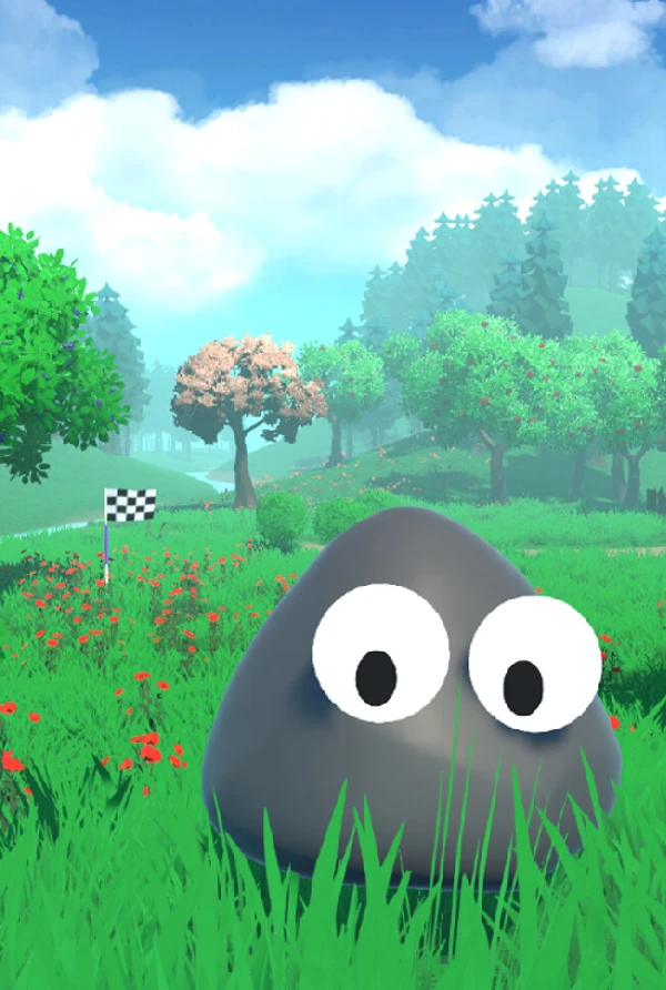 A wide-eyed rock beside a finish flag in a colorful meadow.